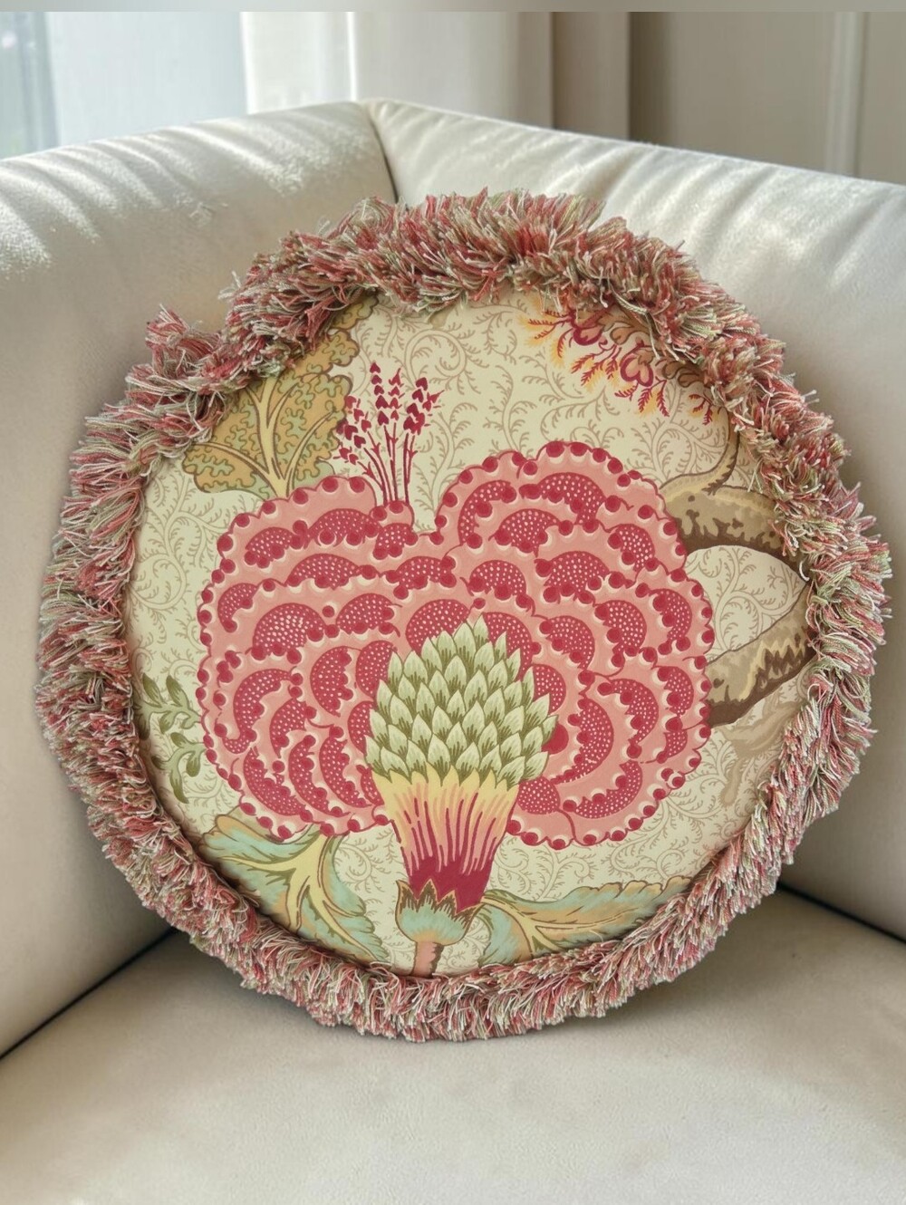 Rose Tree Summerton Jacobean Floral Tambourine Round Fringe Pillow.
